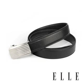 【ELLE HOMME】品牌自動扣皮帶-黑-品牌水平條紋(白金/金色)