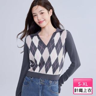 【6IXTY8IGHT】短版針織Polo上衣女 長袖反領設計 針織布料 菱格印花 ST10432(短版針織Polo上衣)