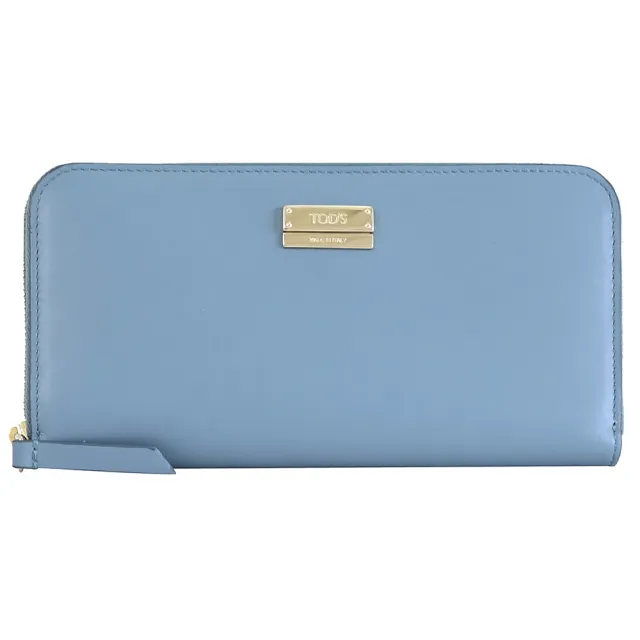 【TOD’S】TODS 簡約金龍LOGO滑面牛皮拉鍊零錢發財長夾(淺藍)
