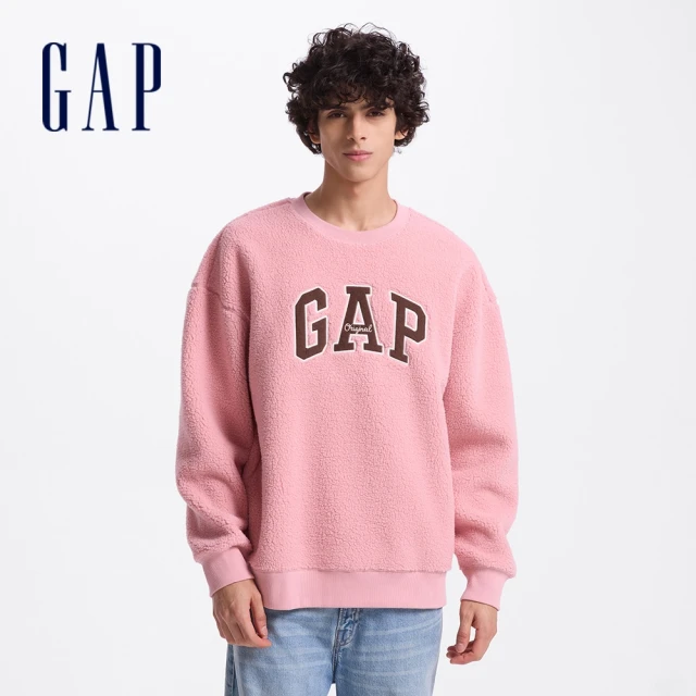 GAP 男女同款 Logo刺繡刷毛圓領大學T-粉色(609065)