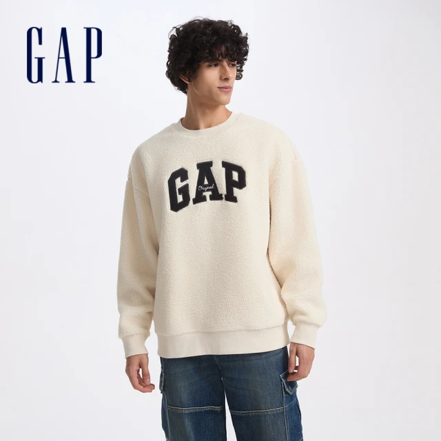 GAP 男女同款 Logo刺繡刷毛圓領大學T-米色(609065)