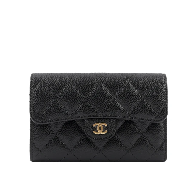 CHANEL 香奈兒 經典金色CC Logo 牛皮三折翻蓋中夾(黑色)