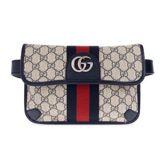 【GUCCI 古馳】674081 經典Ophidia系列GG Supreme帆布印花綠紅綠織背帶手拿/胸腰包(藍黑色)