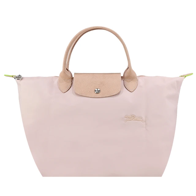 LONGCHAMP LE PLIAGE GREEN系列刺繡短把再生尼龍摺疊水餃包(中/花粉/展示品)