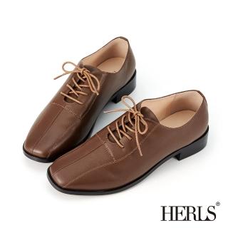 【HERLS】牛津鞋-全真皮車線造型方頭牛津鞋(深棕色)