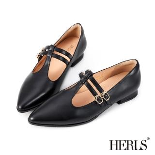 【HERLS】瑪莉珍鞋-全真皮尖頭雙帶T字瑪莉珍鞋 約會穿搭(黑色)