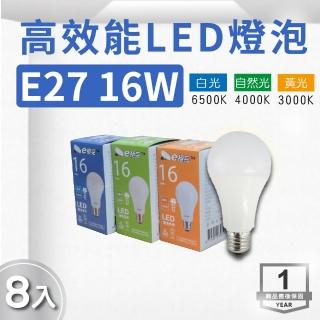 【E極亮】LED E27 16W 高效燈泡 球泡 白光 自然光 8入組(LED E27 16W 球泡)