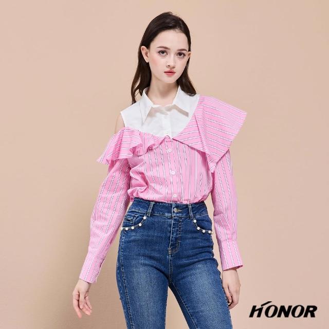 【HONOR 山形屋】假兩件拼接露肩條紋襯衫-粉