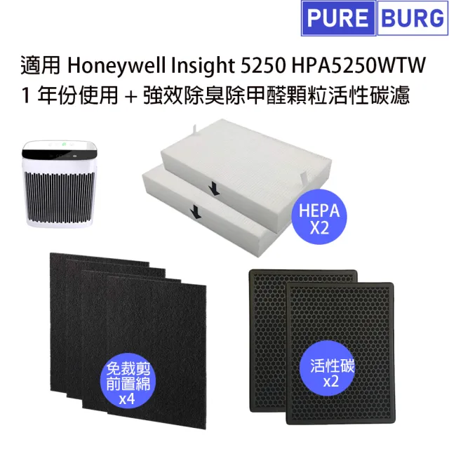 【PUREBURG】適用Honeywell漢威聯合Insight 5250 HPA5250WTW 副廠HEPA濾網+活性碳組