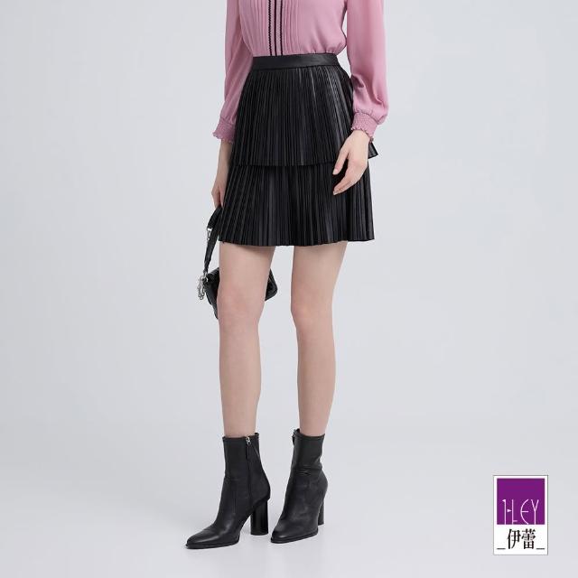 【ILEY 伊蕾】皮革手感壓摺層次褲裙(黑；M-XL；1243072419)