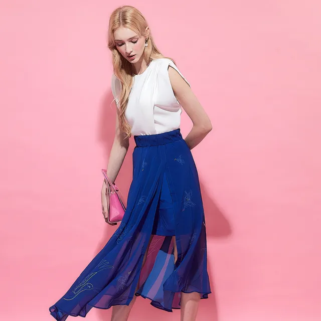 【ICHE 衣哲】法式皇室藍紡紗印花開衩層次拼接長裙