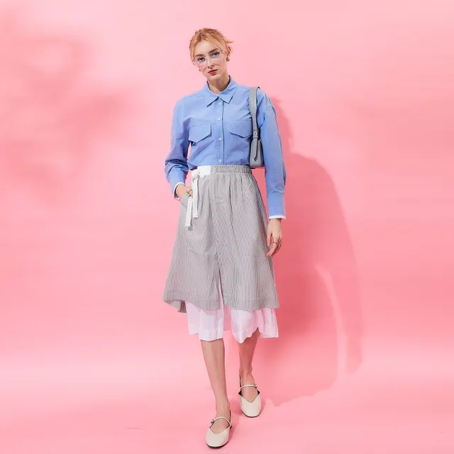 【ICHE 衣哲】Cop.Copine 法式設計款條紋多層次拼接鬆緊造型褲裙