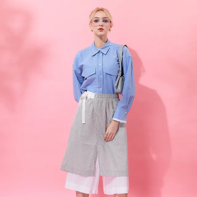 【ICHE 衣哲】Cop.Copine 法式設計款條紋多層次拼接鬆緊造型褲裙