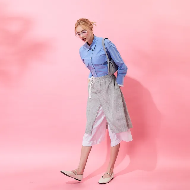 【ICHE 衣哲】Cop.Copine 法式設計款條紋多層次拼接鬆緊造型褲裙