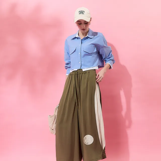 【ICHE 衣哲】Cop.Copine 法式時尚休閒側拼接綁帶鬆緊造型寬褲