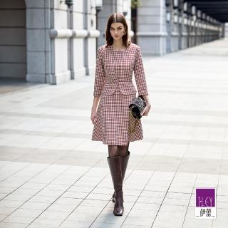 【ILEY 伊蕾】千鳥格紋收腰造型洋裝(紅；M-2L；1244317211)