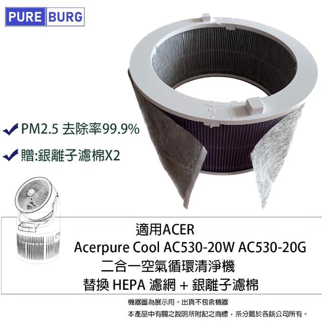 【PUREBURG】適用Acer Acerpure Cool AC530-20W AC530-20G 循環清淨機 副廠濾網組(HEPAX1+銀離子濾棉X2)