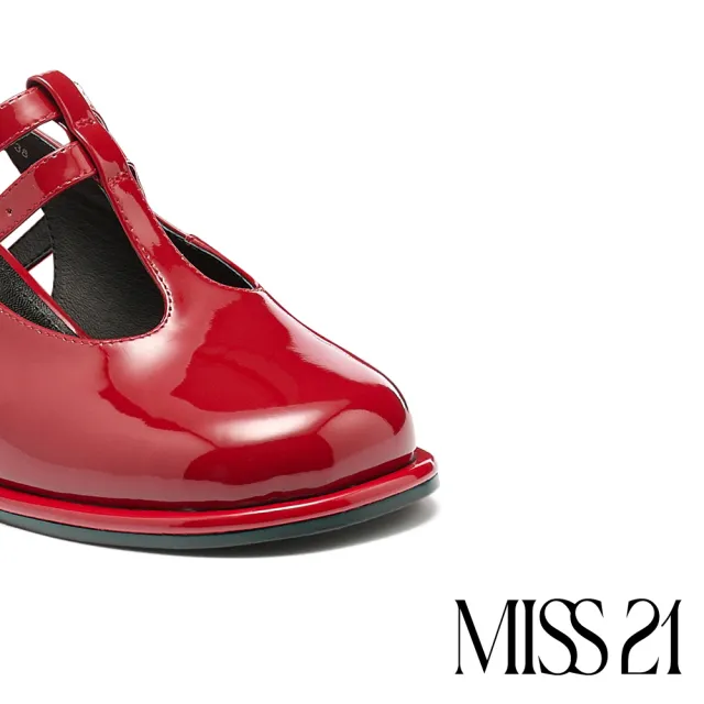 【MISS 21】微甜微酷少女T字簍空雙繫帶牛漆皮瑪莉珍高跟鞋(紅)