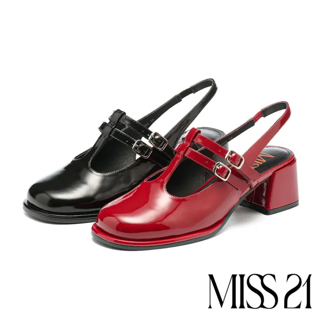 【MISS 21】微甜微酷少女T字簍空雙繫帶牛漆皮瑪莉珍高跟鞋(紅)