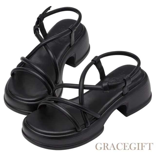 【Grace Gift】薛妞妞聯名-率性交叉細帶澎澎腳墊中跟涼鞋(黑)