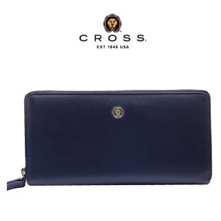 【CROSS】臺灣總經銷 限量1折 頂級小牛皮維納斯系列拉鍊長夾皮夾 全新專櫃展示品(深藍色 送禮盒提袋)