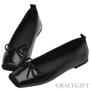 【Grace Gift】撞色甜心蝴蝶結芭蕾舞平底娃娃鞋(黑)