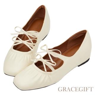 【Grace Gift】復古蝴蝶結內增高芭蕾舞瑪莉珍鞋(米白)