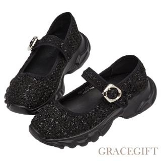 【Grace Gift】個性寬帶不規則釦厚底芭蕾舞瑪莉珍休閒鞋(黑格毛呢)