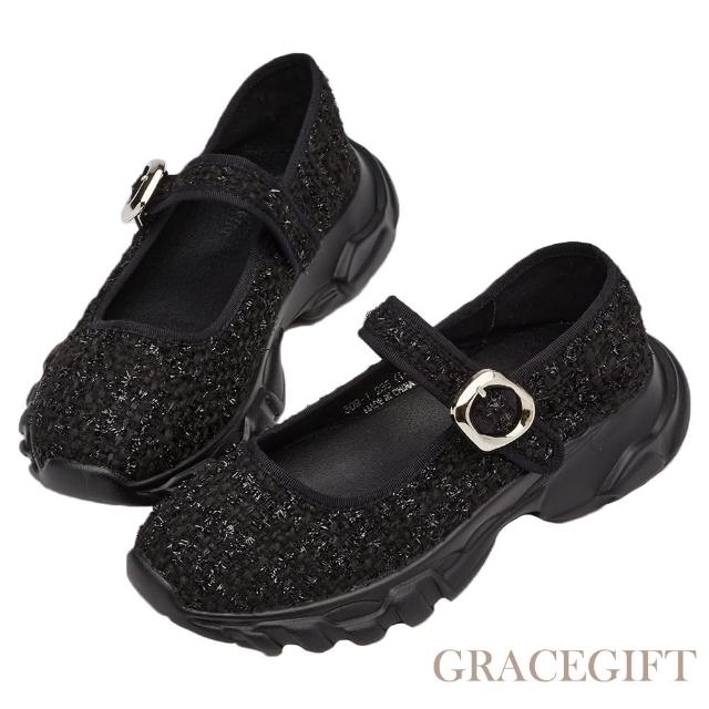 【Grace Gift】個性寬帶不規則釦厚底瑪莉珍芭蕾舞運動鞋(黑格毛呢)
