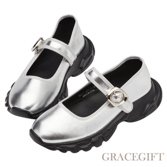 【Grace Gift】個性寬帶不規則釦厚底瑪莉珍芭蕾舞運動鞋(銀)