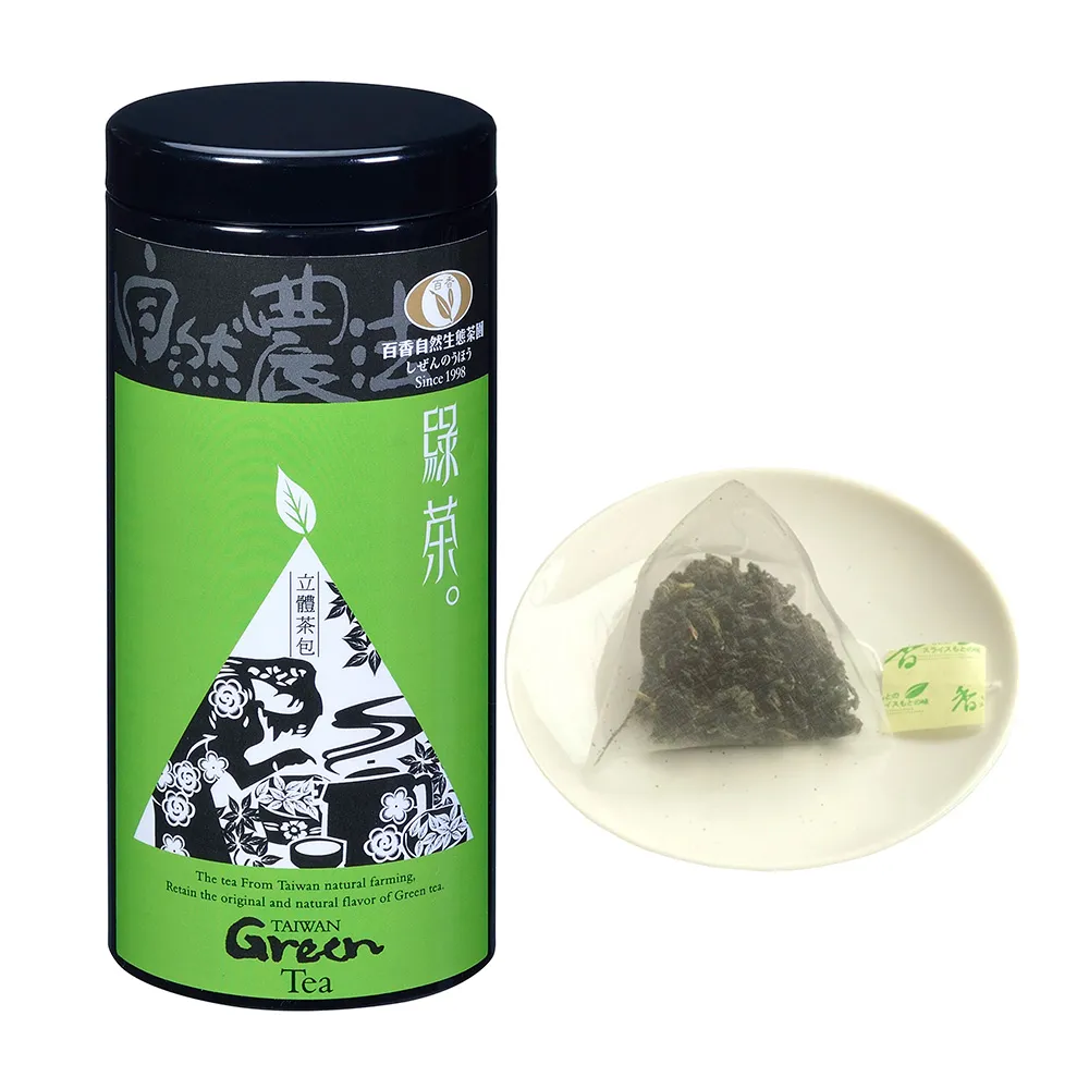 【百香】綠茶三角立體茶包3gx16入 1罐 自然農法 茶包(100%台灣茶 百香茶葉 綠茶 茶包 年節送禮)