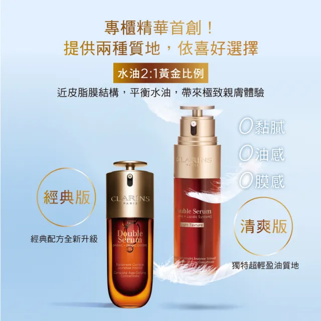 【CLARINS 克蘭詩】黃金雙激萃_清爽版50ml(抗老冠軍精華液 換季穩膚)