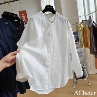 【ACheter】亞麻感別致圓領襯衫長袖防曬空調寬鬆休閒氣質中長上衣#122872(白/藏青)
