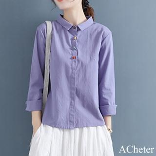 【ACheter】盤扣復古中國風翻領純色棉麻長袖襯衫文藝短版上衣#122760(白/黃/綠/紫)