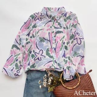 【ACheter】粉嫩印花襯衫休閒寬鬆顯瘦翻領長袖上衣#123149(花紋)
