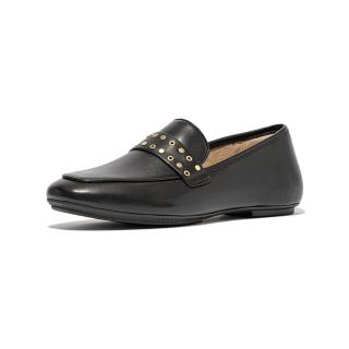 【FitFlop】DELICATO 鉚釘軟皮方頭樂福鞋-女(黑色)