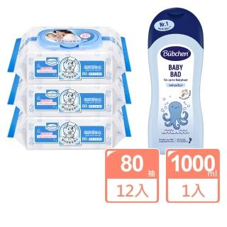 【Baan 貝恩】保養柔濕巾80抽*12包+貝臣 柔舒沐浴精1000ml(嬰兒沐浴)