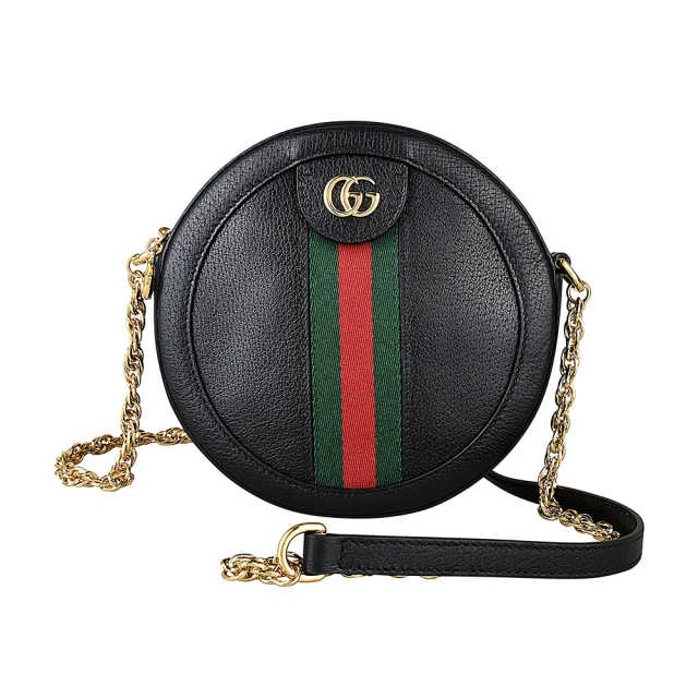 GUCCI 古馳 GUCCI金屬LOGO綠紅綠織帶牛皮鏈帶拉鍊斜背圓型包(黑)