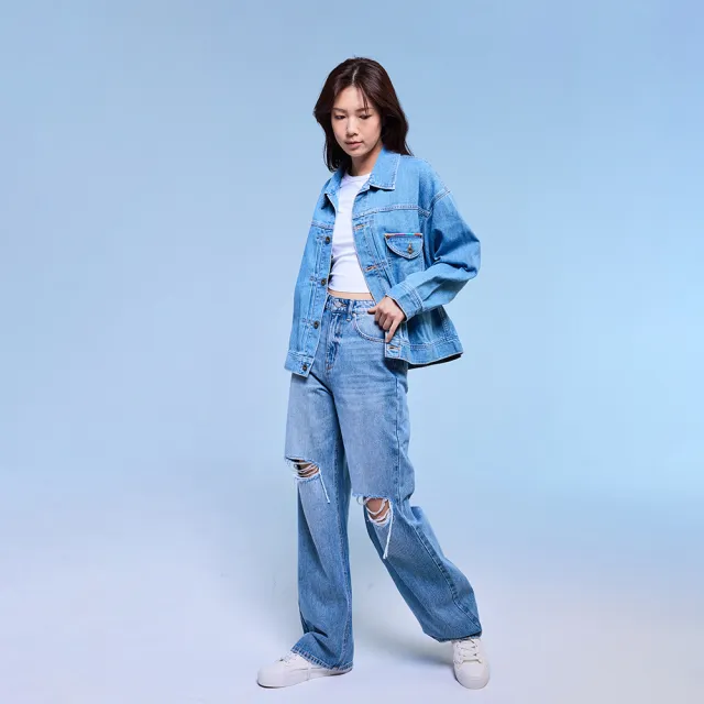 【Lee】女裝 牛仔褲 / 428 高腰舒適直筒 破褲 中藍洗水(LB417122603)