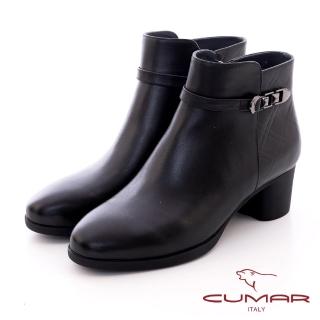 【CUMAR】拼接紋路金屬釦粗跟短靴(黑色)