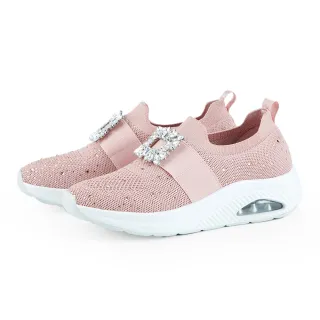 【CHOiCE】華麗方鑽釦飛織布氣墊休閒鞋(粉紅)