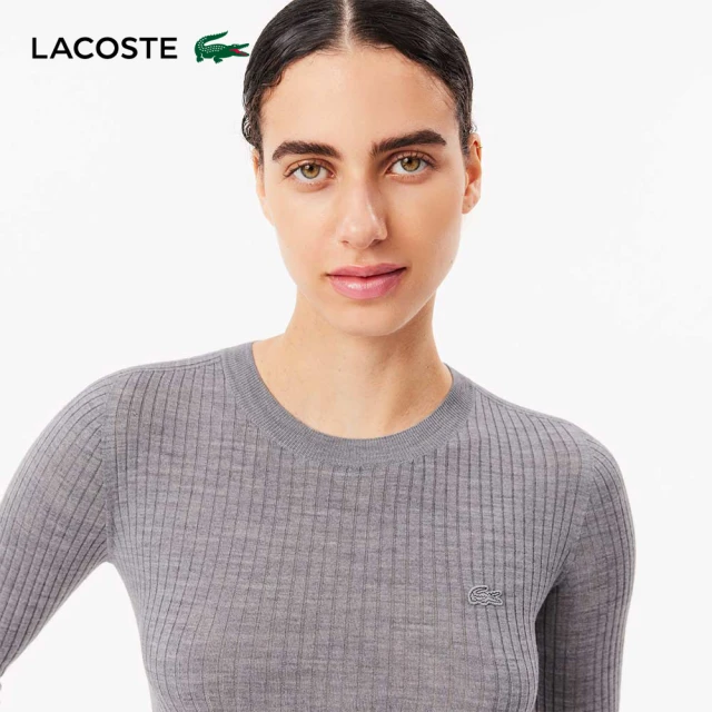 LACOSTE 女裝-美麗諾羊毛針織圓領長袖毛衣(花紗灰)