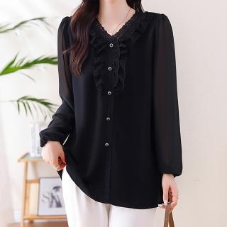 【麗質達人】5618優雅黑色長袖上衣-LY(L-5XL)
