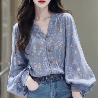 【LANNI 藍尼】★法式絕美藍碎花寬袖上衣(上衣/女裝/襯衫/長袖)