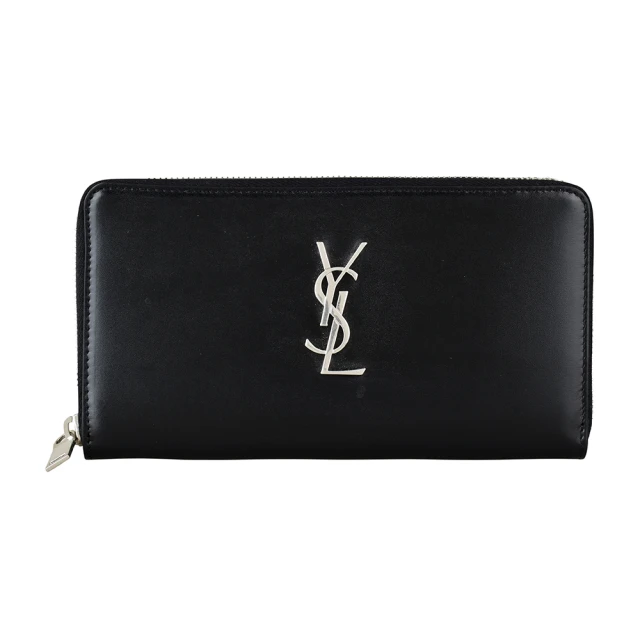 YSLYSL YSL Classic經典銀字LOGO光滑小牛皮拉鍊長夾(黑)