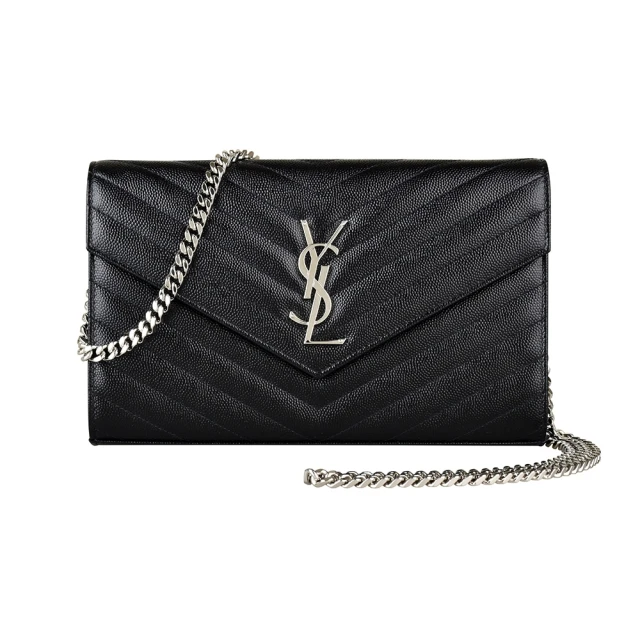 YSL YSL MONOGRAM銀字LOGO V字紋荔枝紋牛皮扣式鏈帶斜背包(黑)