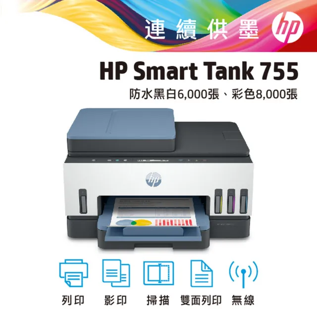 【HP 惠普】Smart Tank 755 三合一Wifi連續供墨複合機(列印/雙面列印/影印/掃描/無線/連續掃描 28B72A)