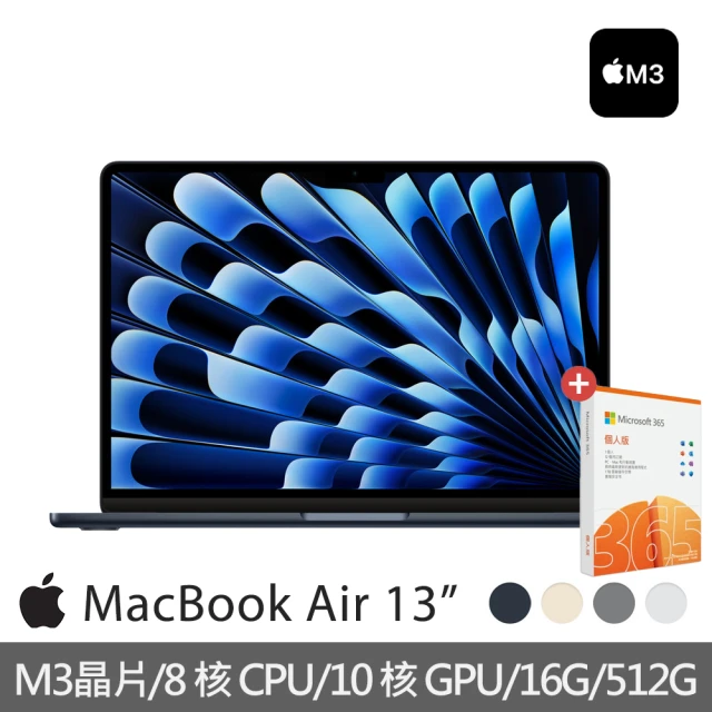 Apple 微軟365個人版★MacBook Air 13.6吋 M3 晶片 8核心CPU 與 10核心GPU 16G 512G SSD