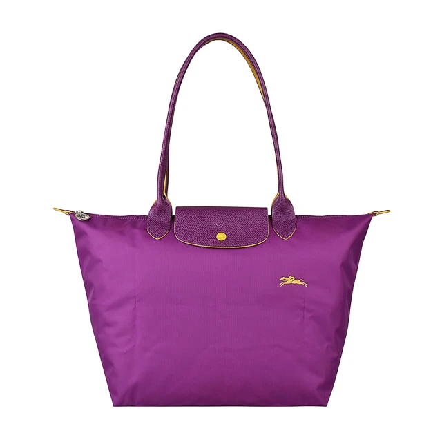 LONGCHAMP LONGCHAMP COLLECTION刺繡LOGO尼龍摺疊款長把拉鍊肩背包(大/紫x黃)