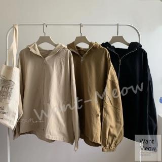 【Want-Meow】100公斤可穿/寬鬆3色棉麻簡約風連帽外套/中大尺碼外套/大尺碼外套(大碼/大尺碼/加大碼)